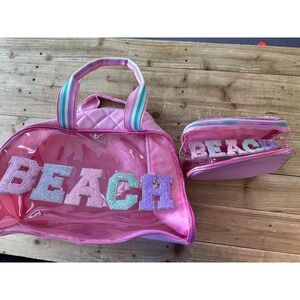 Miss Gwen OMG Accessories Pink Beach Bag and Cosmetic‎ Pouch Set Glitter Letters